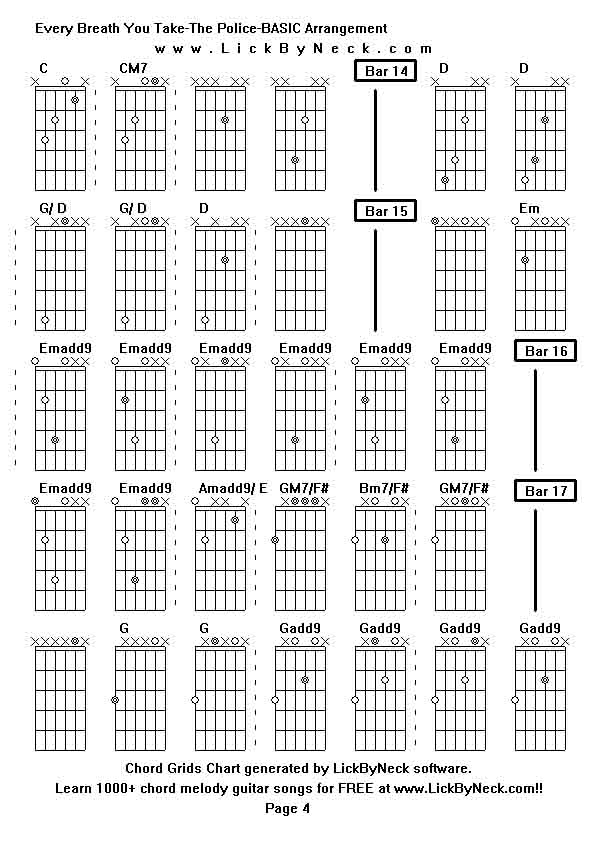 Chord Grids Chart of chord melody fingerstyle guitar song-Every Breath You Take-The Police-BASIC Arrangement,generated by LickByNeck software.